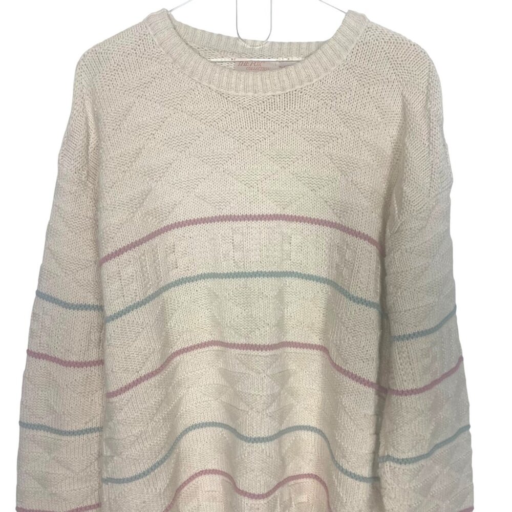 Vintage Fox Collection Chunky Knit Cotton Sweater M Tall Ivory Striped Fisherman